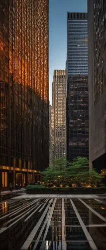 Seagram Building, New York, modernist skyscraper, 38 floors, bronze-clad exterior, distinctive curved lines, brutalist architecture, urban jungle, busy streets, taxis, pedestrians, evening time, warm 