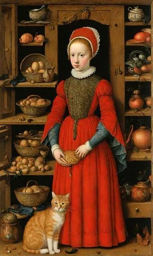 Correct the cat's anatomy, fix its paws,netherlandish,girl with bread-and-butter,girl in the kitchen,catesby,tudor,cranach,miniaturist,cat european,catroux,elizabeth i,woman holding pie,red tabby,ging