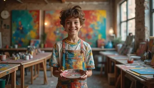 Inspiring young artist, creative teenager, 17yo, messy brown hair, bright smile, colorful painting outfit, holding palette, standing in front of vibrant artwork, urban street art studio, brick walls, 