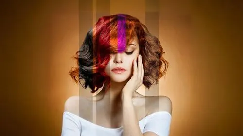 a woman with short hair and colorful stripes on her head,anchoress,bjork,image manipulation,transistor,goldfrapp,coloristic