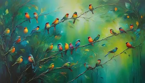 colorful birds,birds on a branch,tropical birds,golden parakeets,birds on branch,sunbirds,bird painting,tanagers,group of birds,toucans,parrots,kingfishers,passerine parrots,songbirds,wild birds,hummingbirds,parakeets,honeycreepers,pajaros,fantails,Conceptual Art,Daily,Daily 32