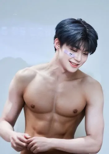 Shirtless naked man with slim waist, abs, pink nipples, pubic hair and light skin. Smooth, bright light and no shadow,shirtless man holds onto a white plastic object,taek,intermodulation,seongjong,mus