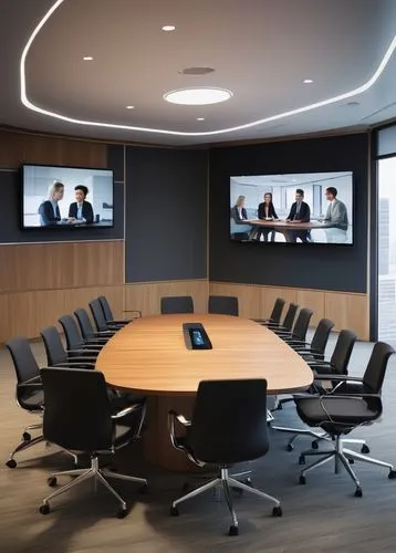 Modern conference room, Cisco video conferencing system, telepresence architecture, sleek minimalist interior design, large LED screen display, wooden table with built-in microphones, ergonomic chairs