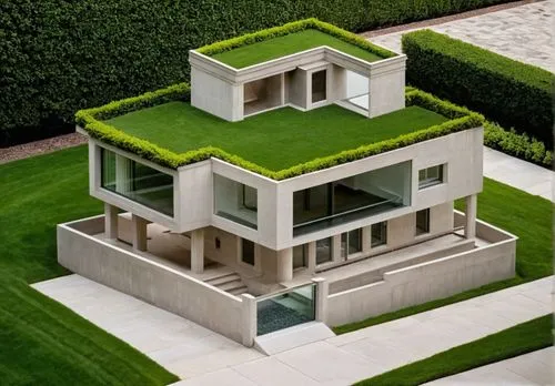 a house with a green lawn on the roof,cubic house,cube house,eisenman,garden elevation,kimmelman,modern architecture,Photography,General,Realistic