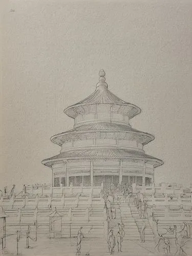 a drawing sketch of temple of heaven,temple of heaven,the golden pavilion,asian architecture,jingshan,golden pavilion,hall of supreme harmony,Design Sketch,Design Sketch,Pencil