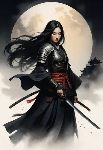 a beautiful woman spreading black long hair and pearl skin in full ancient traditional samurai plate armor , her eyes look down to something , grabbing a samurai long sword spreading dangerous steam f