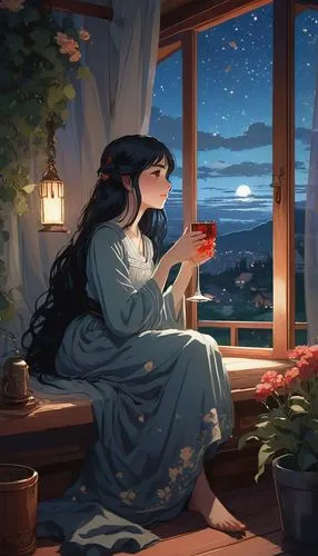 night-blooming jasmine,evening atmosphere,romantic scene,in the evening,girl studying,romantic night,Illustration,Retro,Retro 03