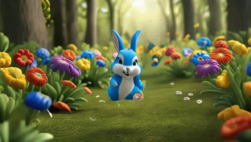 a cute blue bunny running in the middle of garden,easter background,spring background,hare trail,springtime background,children's background,cartoon video game background