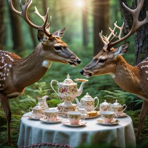 Deer having a tea party in the forest ,tea party,tea service,teatime,afternoon tea,high tea,tea time,tea party collection,woodland animals,deers,tea set,fawns,european deer,forest animals,pere davids 