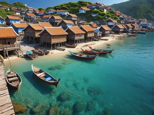 over water bungalows,floating huts,fishing village,popeye village,stilt houses,southeast asia,wooden boats,wooden houses,bora-bora,koh phi phi,philippines,boat harbor,nha trang,seaside resort,thailand,thailad,phuket,philippines scenery,khao phing kan,vietnam,Photography,General,Realistic