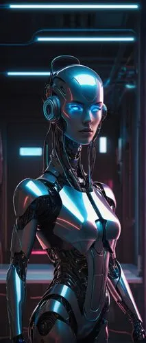 Daniel, chipman, futuristic, sci-fi, robotic, metallic, silver, blue LED eyes, neon lights, cyberpunk, high-tech laboratory, sleek lines, minimalist interior, steel beams, glass panels, holographic sc