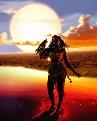 nude Beautiful nigerian girl, full dark curly hair, big dark almond eyes, full red lips, misty sky,a digital painting of a woman with birds,barsoom,sundancer,arrakis,alien warrior,lone warrior,extraso