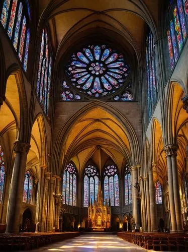 Chartres Cathedral, Gothic architectural style, intricate stone carvings, stunning stained glass windows, ornate sculptures, majestic vaulted ceilings, grandiose nave, ribbed arches, towering spires, 