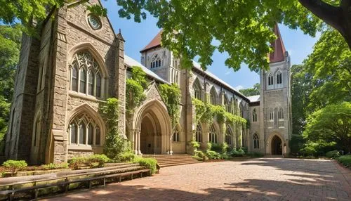 Historic Emory University campus, Gothic Revival style building, intricate stone carvings, grand entrance archway, tall pointed towers, stained glass windows, lush greenery surrounding, sunny afternoo