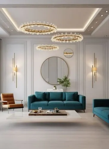 modern style sofa set with rug and coffee table in the center,a nice living room with a blue couch,ceiling light,ceiling lighting,ceiling lamp,modern decor,interior decoration,contemporary decor