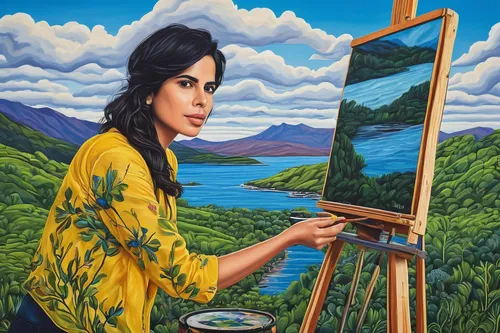 Imagine Kirti Kulhari as a talented painter capturing the beauty of nature,vietnamese woman,painting technique,meticulous painting,oil painting,painting,artist portrait,italian painter,art painting,kh