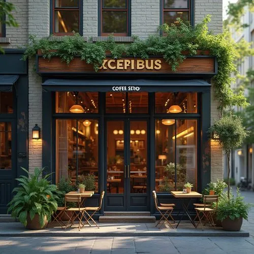 Vibrant coffee shop facade, industrial chic aesthetic, reclaimed wood accents, metal frames, floor-to-ceiling windows, natural stone walls, modern minimalist signage, lush greenery, hanging plants, wa