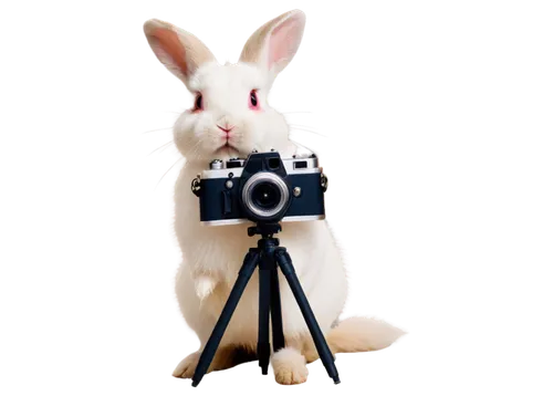 Rabbits, photography props, cute expressions, twitching whiskers, fluffy ears, shiny eyes, soft fur, pink nose, sitting, holding camera, mini tripod, studio lighting, shallow depth of field, pastel co