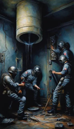 Paint a suspenseful among us picture with crewmates suspiciously gathering around a vent in a dimly lit room.,warsaw uprising,respirators,operating room,poison gas,war correspondent,extraction,workers