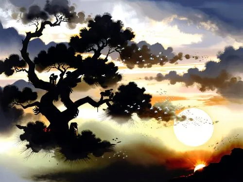 a very artistic picture of a beautiful sunset with the sun in the background,watercolor pine tree,watercolor tree,tree silhouette,fir tree silhouette,olive tree,old tree silhouette,Illustration,Paper 