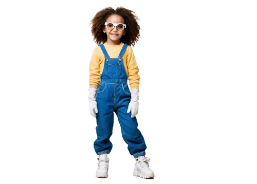 Yellow skin, big eyes, goggles, smile, overalls, denim fabric, baggy sleeves, white gloves, chunky shoes, standing, playful, childlike, cartoonish, vibrant colors, soft focus, warm lighting, 3/4 compo