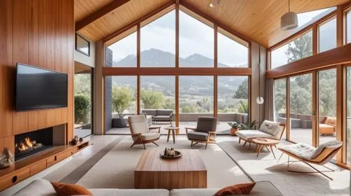 the room features large windows and wooden walls,modern living room,mid century modern,interior modern design,living room,luxury home interior,livingroom,mid century house,modern decor,family room,sun