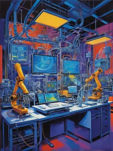 industrial robot,industry 4,cyberscene,computer room,computerworld,cyberworld,technological,futurists,cybernetics,manufactory,cybertown,mainframes,digitalism,yellow machinery,computervision,industrie,cybernauts,cyberspace,computation,robotics,Conceptual Art,Oil color,Oil Color 25