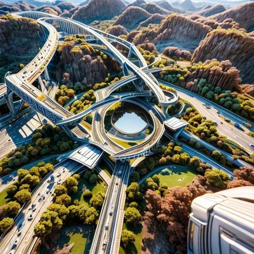 superhighways,futuristic landscape,highway roundabout,futuristic architecture,infraestructura,highways