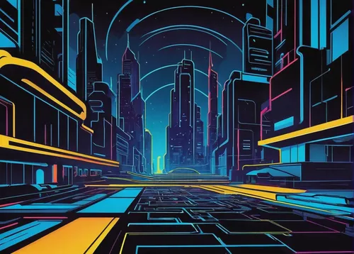 metropolis,futuristic landscape,cyberpunk,neon arrows,cyberspace,colorful city,futuristic,cityscape,art deco background,tokyo city,sci fiction illustration,cyber,shinjuku,sci-fi,sci - fi,scifi,city trans,transistor,fantasy city,panoramical,Illustration,American Style,American Style 09