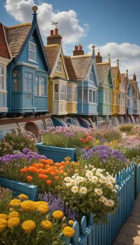 beach huts,southwold,wooden houses,seaside country,eastbourne,seaside resort,whitby,westerland,aldeburgh,balamory,cromer,row of houses,lytham,boardinghouses,brighton,bexhill,hunstanton,volendam,broadstairs,cleethorpes,Illustration,Realistic Fantasy,Realistic Fantasy 28