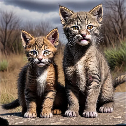 Feral kittens,american wirehair,american bobtail,two cats,american shorthair,felines,cat family,kittens,breed cat,baby cats,felidae,vintage cats,cats on brick wall,big cats,cattles,toyger,cats,cute an