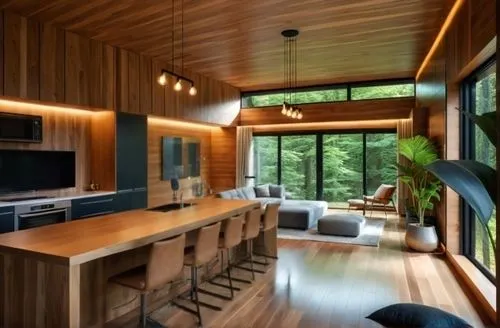 modern kitchen interior,wood casework,modern kitchen,interior modern design,kitchen design,bohlin,mid century house,cabin,cabinetry,paneling,kitchen interior,contemporary decor,prefab,modern decor,big kitchen,timber house,dark cabinetry,hardwood floors,forest house,electrohome