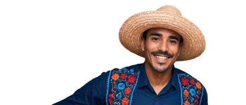 Mexican man, traditional clothing, sombrero hat, colorful embroidery, thick mustache, smiling face, dark skin tone, festive atmosphere, vibrant colors, detailed texture, 3/4 composition, soft natural 