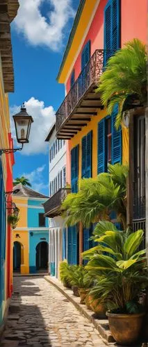 Barbados architecture, colorful buildings, British colonial style, coral stone walls, wooden shutters, steeply pitched roofs, ornate balconies, intricate stonework, vibrant tropical plants, palm trees