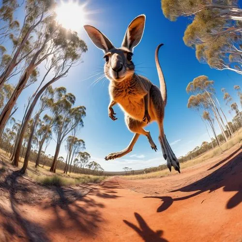 Crie uma cena de cangurus saltitando pela vasta paisagem da Austrália. Destaque suas pernas poderosas e caudas longas, usando tons suaves de aquarela para capturar o calor do deserto ao redor. Ao fund