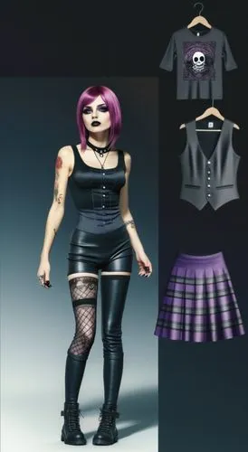 Paper doll 2d cartoon goth purple haired girl in black sleeveless shirt , black spandex shorts, complete full length fishnet and black goth knee Boots, standing surrounded by with a set of goth fashio