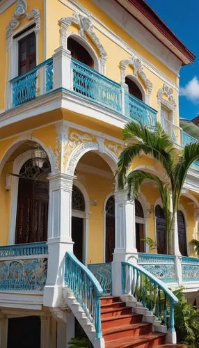 Paramaribo architecture, wooden colonial-style building, grand entrance, intricate carvings, ornate balcony, tropical plants, vibrant colors, sunny day, bright blue sky, few white clouds, palm trees s