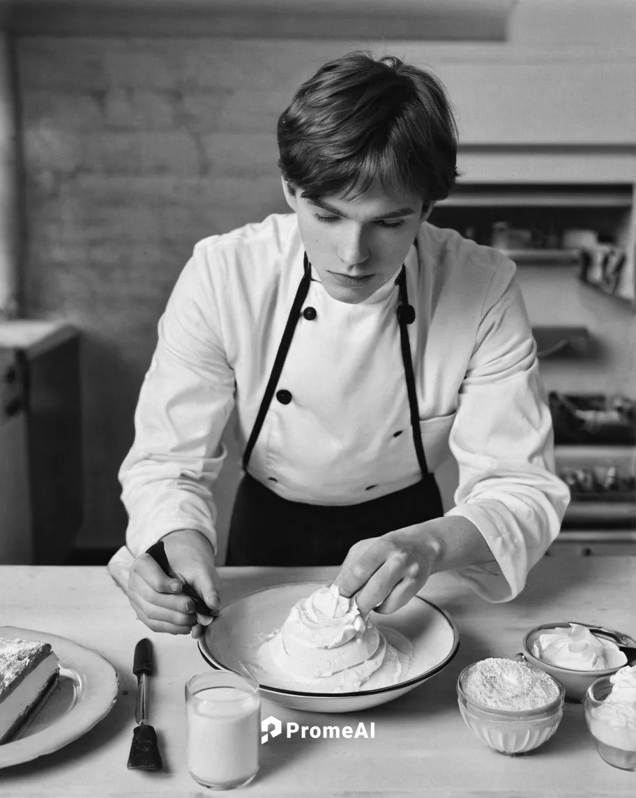 In a tense baking competition, the contestants must create a mouthwatering dish using whipping cream as a key ingredient.,chef's uniform,plating,chinaware,pastry chef,confectioner,tableware,waiting st