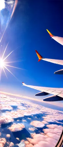 Aerial view, airplane window, curved glass, blue sky, fluffy white clouds, sun rays filtering through clouds, wing of airplane in frame, metallic texture, morning light, 3/4 composition, shallow depth