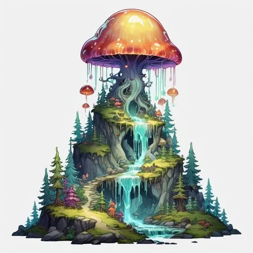 mushroom island,mushroom landscape,forest mushroom,fairy chimney,tree mushroom,mushroom type,Illustration,Abstract Fantasy,Abstract Fantasy 11