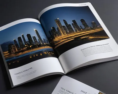 Modern architecture design booklet, A4 size, 200 pages, hardcover, leather-bound, golden font, minimalist interior, abstract diagrams, 3D building models, skyscraper blueprint, villa floor plan, resid