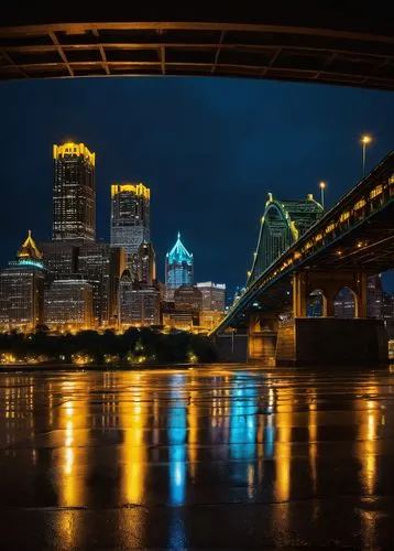 Pittsburgh cityscape, evening time, dramatic architectural lighting, modern skyscraper, sleek glass and steel structure, warm yellow illumination, spotlights highlighting building edges, subtle shadow