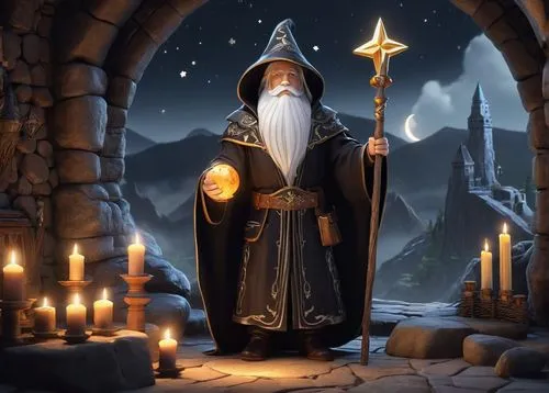 Hooded wizard, old man, white beard, long silver hair, pointed hat, stars and moons embroidered, black robe, golden trim, leather boots, wooden staff, misty atmosphere, mysterious lighting, ancient to