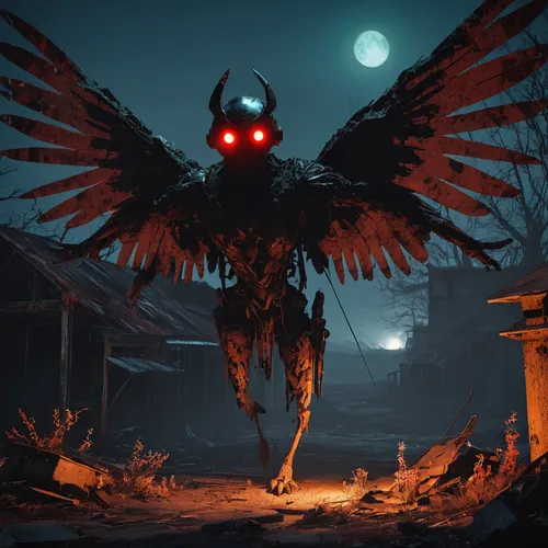 mothman, Fallout 76, equinox event 2023, post-apocalyptic setting, glowing red eyes, dark silhouette, wings spread, perched on a ruined building, desolate landscape, mutated flora, irradiated fog, dec