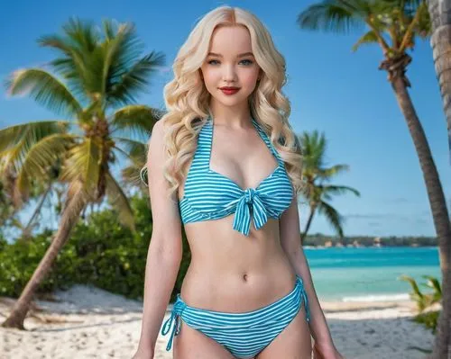 Dove Cameron, blonde hair, beach waves, natural makeup, golden tan skin, bright blue eyes, sexy, mature lady, posing, standing, hands on hips, white and red striped bikini, high-waisted, revealing leg