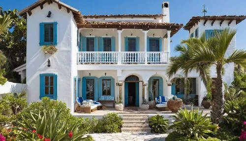 Coastal villa, seaside, ocean view, architectural gable roof, white stucco exterior, wooden shutters, rustic door, ornate ironwork, flower boxes, blooming flowers, lush greenery, natural stone foundat