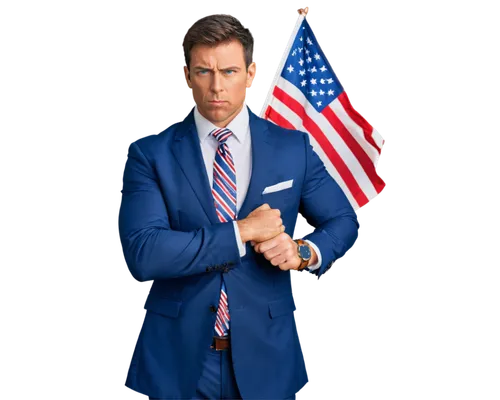 Strong muscular man, patriot, solo, (35yo), determined facial expression, short brown hair, blue eyes, white shirt, American flag pattern tie, dark blue suit, gold watch, holding American flag, standi