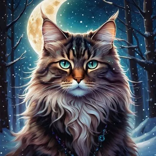 магические украшения,maincoon,norwegian forest cat,siberian cat,capricorn kitz,domestic long-haired cat,cat with blue eyes,full moon,moonlit night,blue eyes cat,cat image,moonbeam,cat vector,tabby cat