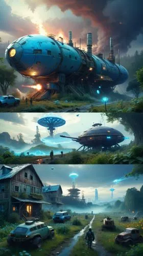 turn all humanoid like beings into mycoinds,a po of a space station and cars that are on land,airships,futuristic landscape,alien ship,homeworlds,airship,deltha,Conceptual Art,Fantasy,Fantasy 18