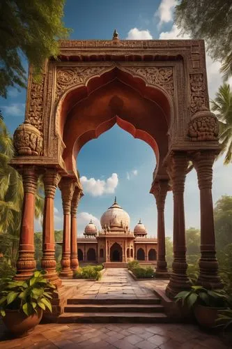 Ancient Indian temple, intricate carvings, ornate pillars, majestic domes, vibrant colors, Hindu mythological sculptures, Mughal Empire inspired archways, marble floors, ornamental facades, grand entr